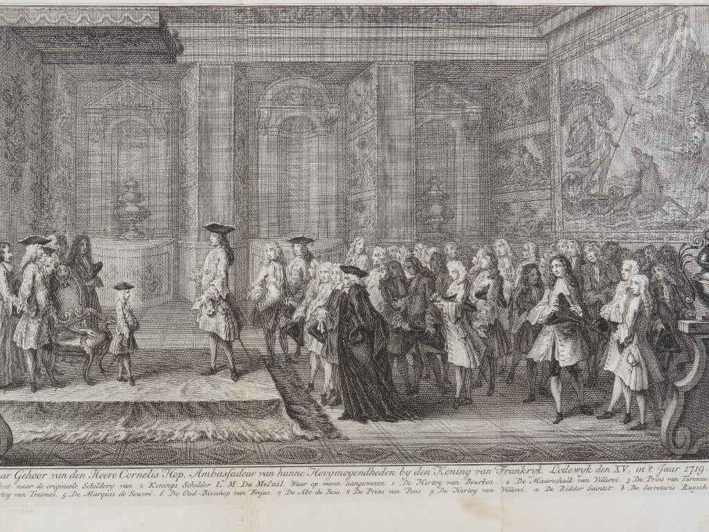 Gravure Openbaar gehoor Cornelis Hop bij Lodewijk XV 1719, Dagelijks leven, Verzenden, Gravure, Origineel