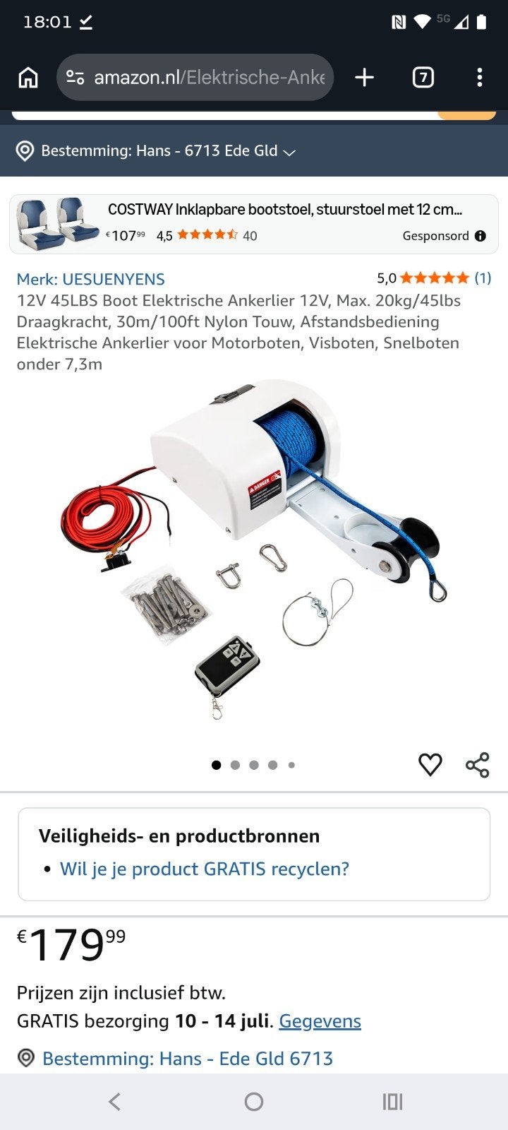 Nieuw in doos ! Electrische Ankerlier 12 v afstandbediening, Ophalen of Verzenden, Nieuw