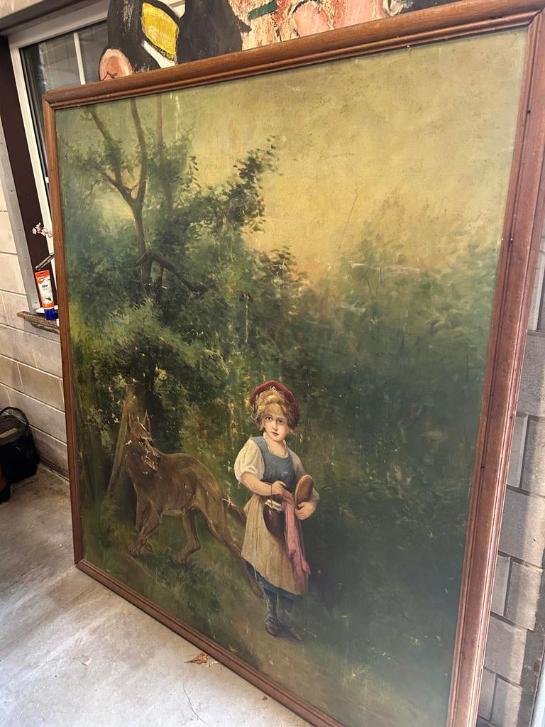 Groot Schilderij Roodkapje en de Wolf - Klassiek Sprookje, Antiek en Kunst, Ophalen of Verzenden