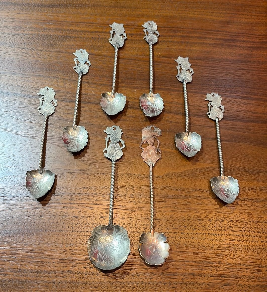 Set van 8 antieke Wajang theelepels verzilverd, Djokja-stijl, Antiek en Kunst, Ophalen of Verzenden
