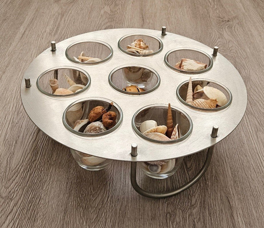 Modern RVS-plateau met 8 glazen bakjes, Ophalen of Verzenden, Gebruikt, Metaal, Modern