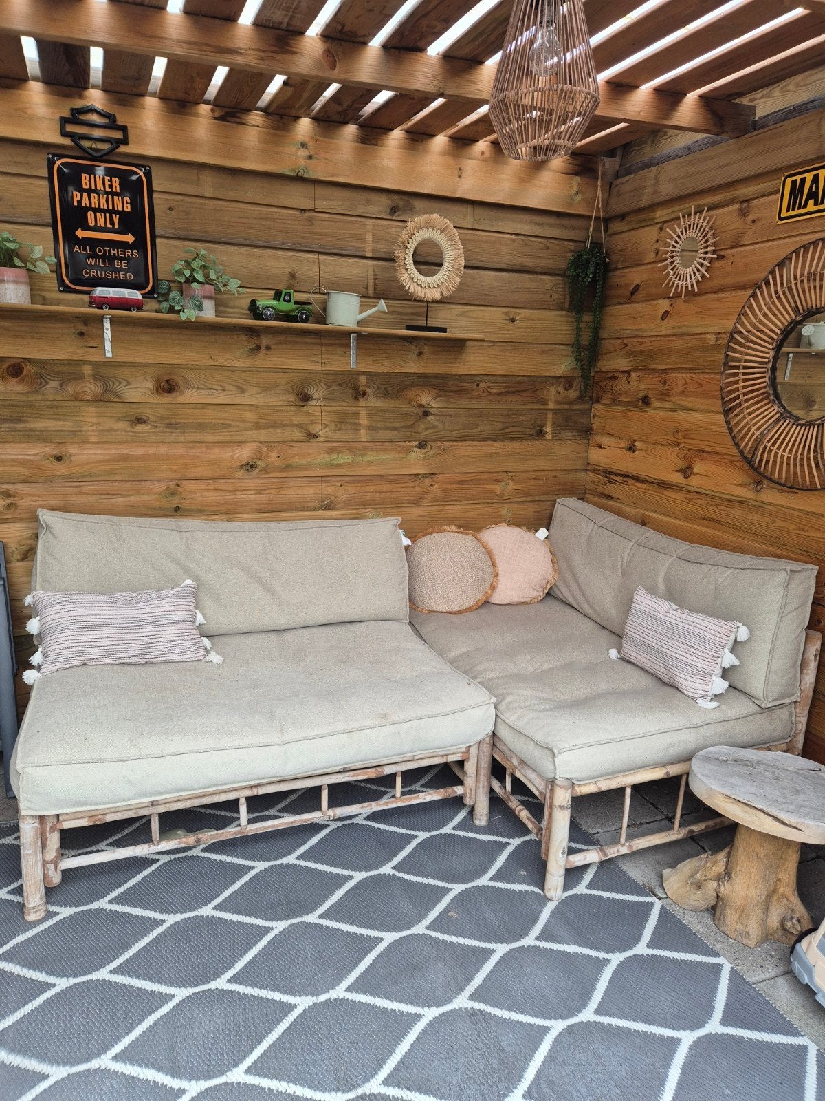 2x Bamboe loungebank - Hoekbank voor buiten, Huis en Inrichting, Ophalen, Hout, 250 tot 300 cm, Gebruikt