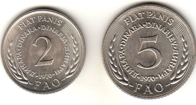 Joegoslavië - set 2 + 5 Dinar 1970 FAO UNC - KM#55,56, Verzenden, Joegoslavië, Setje