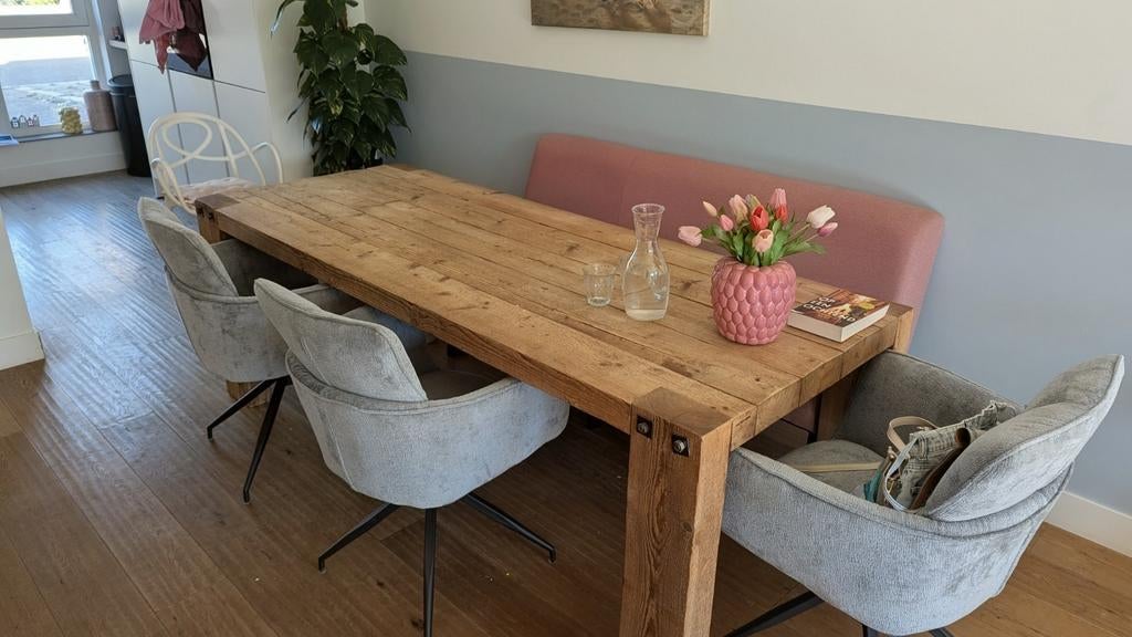 Robuuste Balkentafel Jan van IJken (220 cm) - Massief Hout, Huis en Inrichting, Tafels | Eettafels, Ophalen, 200 cm of meer, 50 tot 100 cm