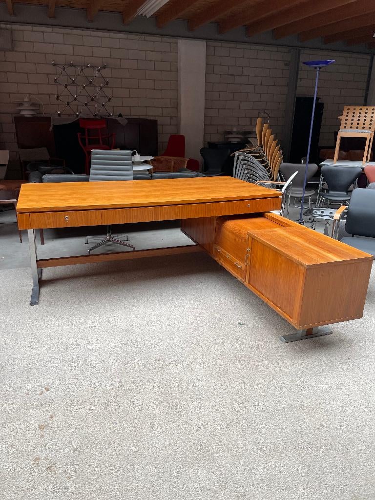 Vintage Scandinavisch Directie Bureau Met Kast, Huis en Inrichting, Bureaus, Ophalen, Gebruikt, Hout, 200 cm
