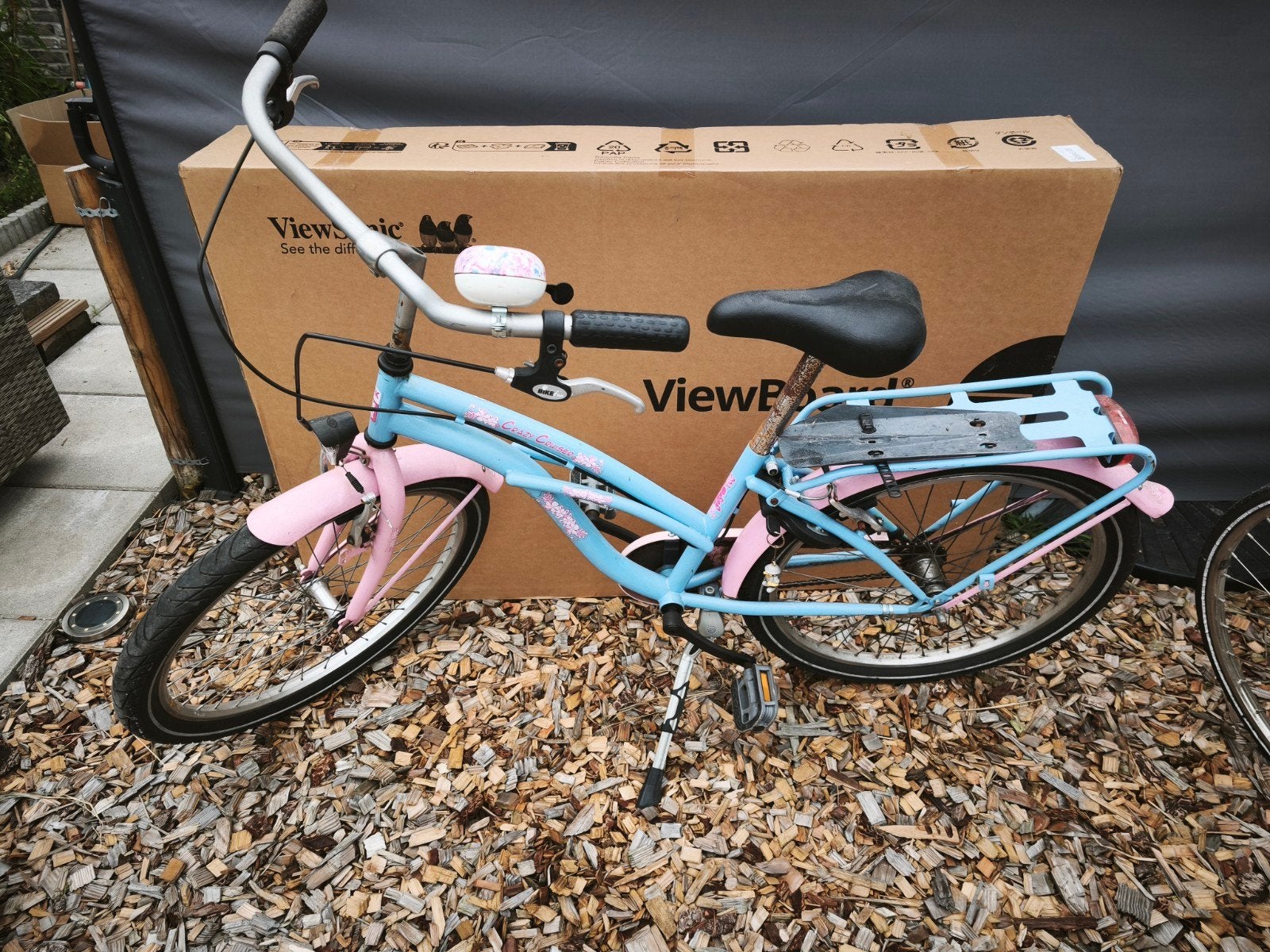 Meisjesfiets 26 inch - lichtblauw/roze, Gebruikt, Velgrem, Handrem, Ophalen