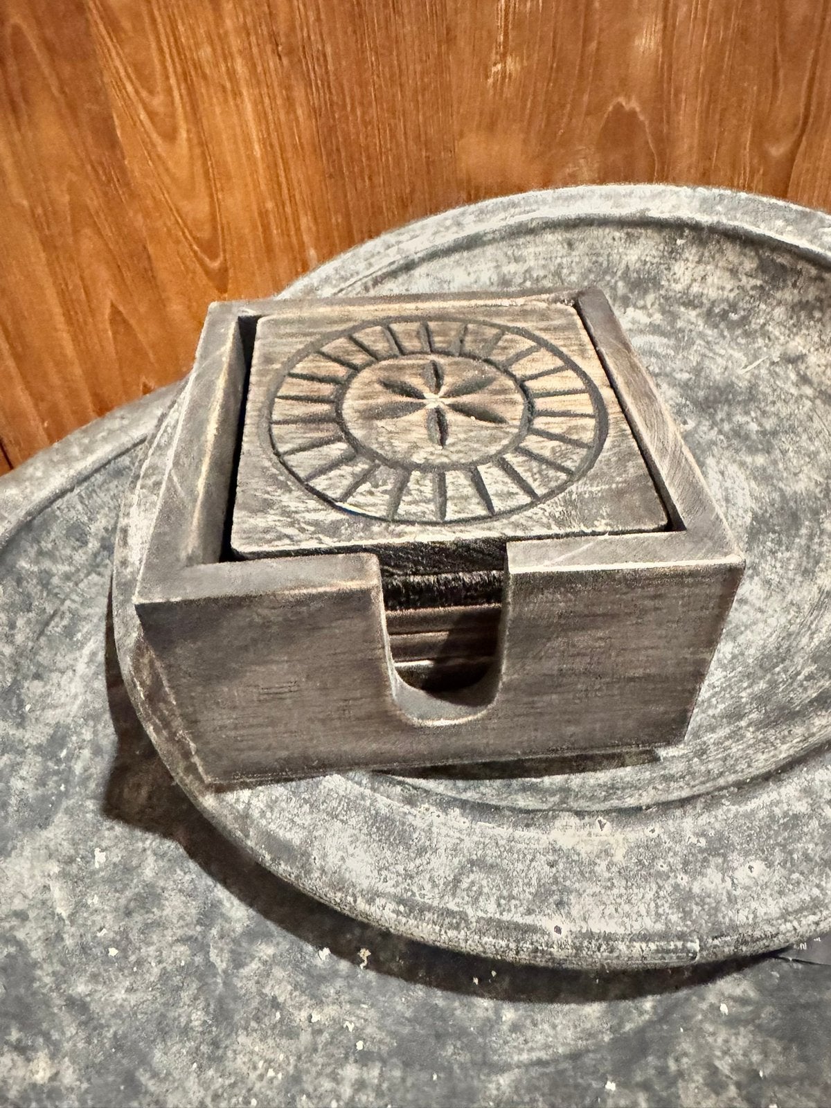 Stoere sobere houten onderzetters (6 stuks)  in houder, Ophalen of Verzenden, Nieuw