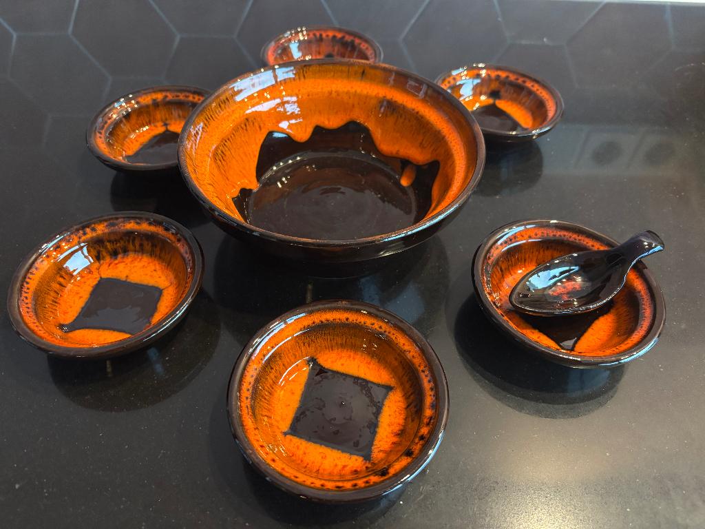vintage fat lava Oranje/bruin 8-delige notenset, jaren 60-70, Ophalen of Verzenden