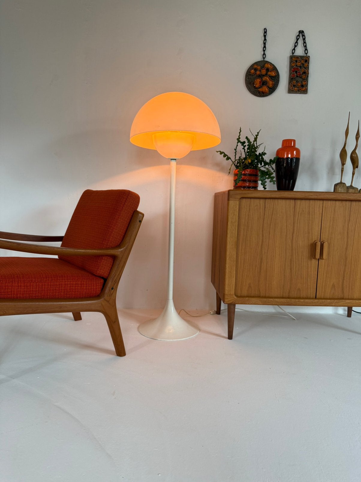 Vintage ‘Trixel’ mushroomlamp, Lyfa Denemarken ‘70, Kunststof, Vintage retro buisframe design rotan webbing papercord deens, 100 tot 150 cm