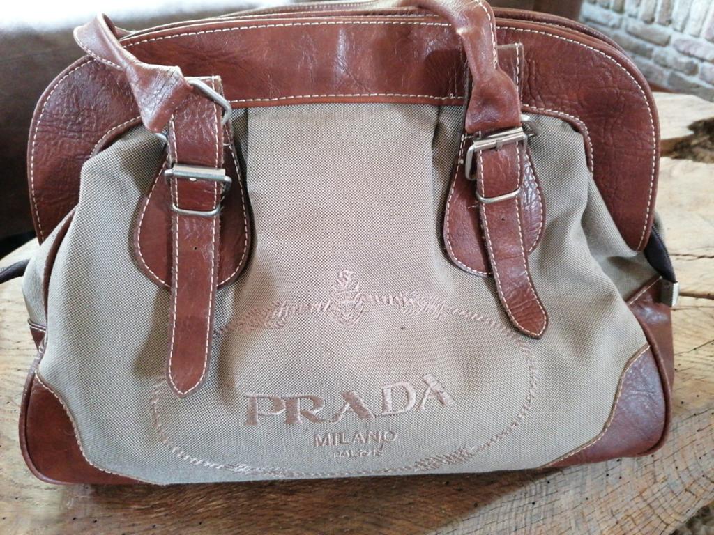 Vintage Retro Prada Canvas Tas 38x29x14 - Geen Echte, Verzenden, Gebruikt, Beige, Handtas