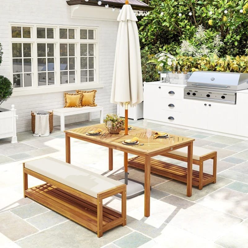Acaciahouten tuinset Tuintafel met Banken en Kussens, Ophalen of Verzenden, Nieuw, Rechthoekig, Hout