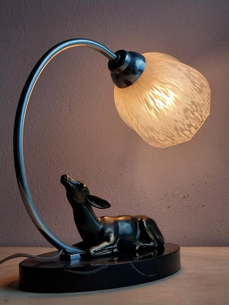 Art Deco tafellamp met hert en roze Clichy glas, Ophalen of Verzenden