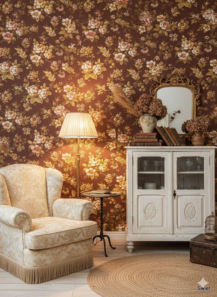 14113 bruin bloemenbehang vintage wallpaper romantisch swiet, Verzenden, Minder dan 10 m², Roze