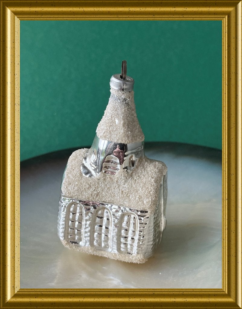 Oude zilveren glazen (nr 56) kerstbal: kerkje, Diversen, Kerst, Gebruikt, ., Ophalen of Verzenden, .