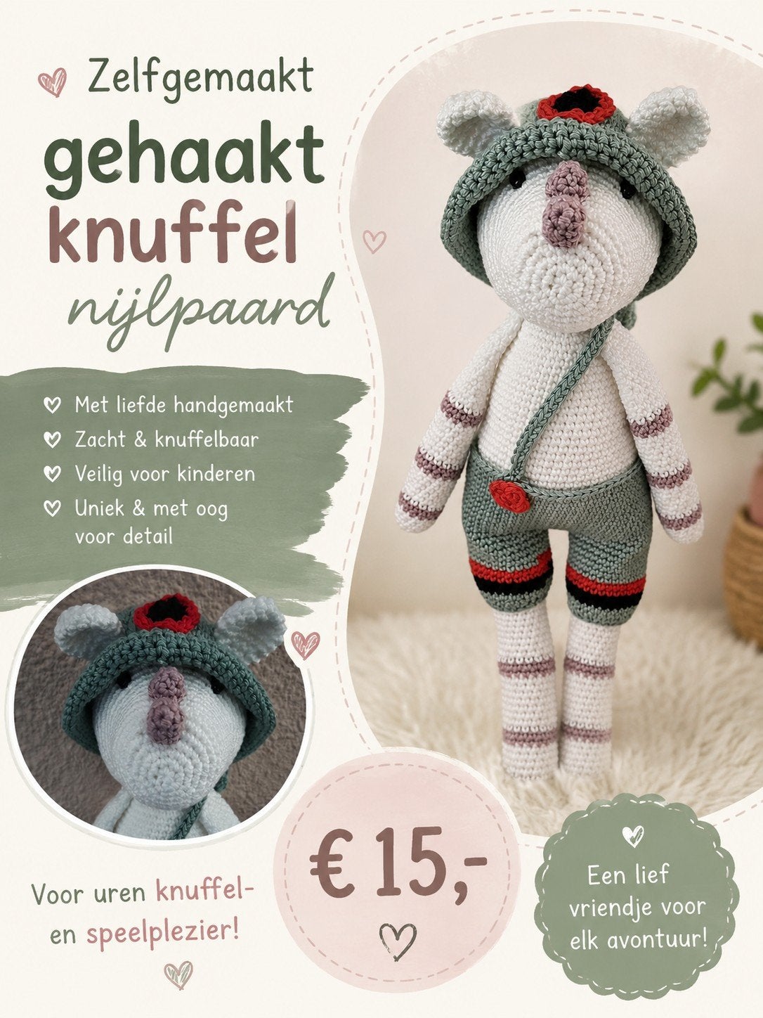 Zelfgemaakt gehaakt knuffel nijlpaard, Overige merken, Overige typen, Nieuw, Ophalen of Verzenden