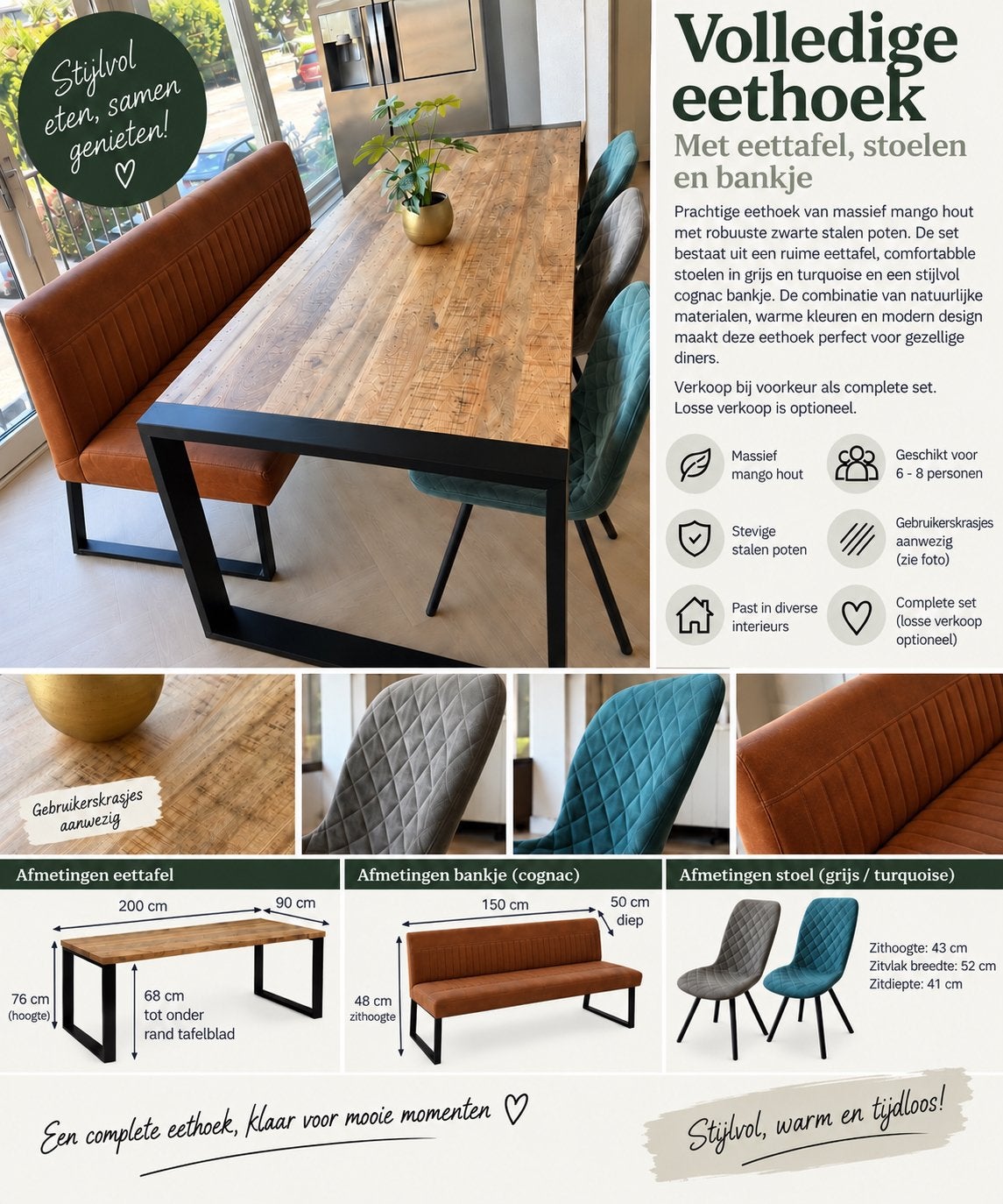 Eetkamer set, eettafel, eettafel stoelen en eettafel bank, Ophalen, 4 tot 6 stoelen