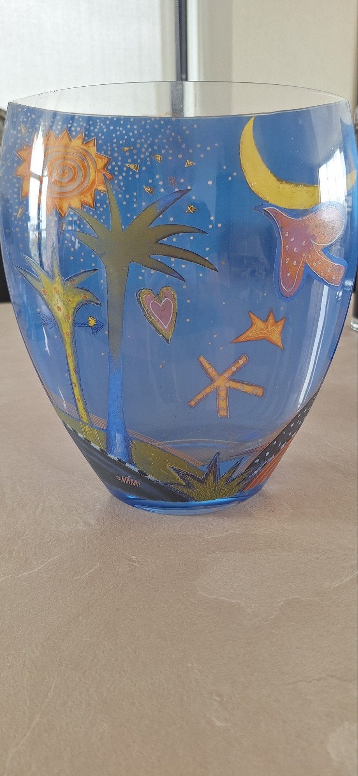 Decoratieve glazen vaas met zon, maan en palmbomen, Ophalen of Verzenden