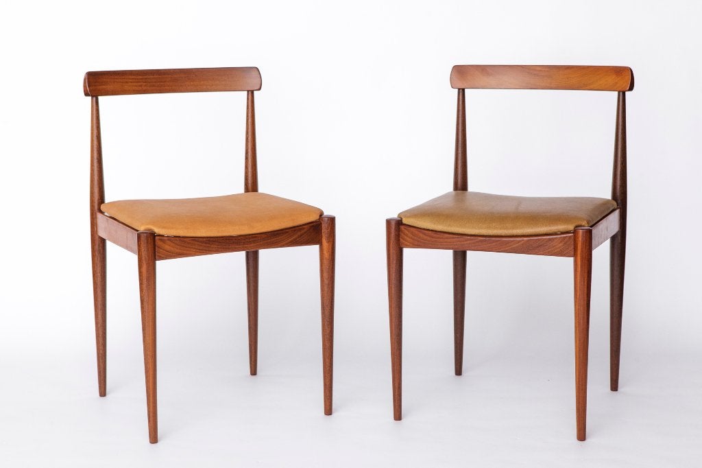 Paar vintage eetkamerstoelen, Deens design, jaren 60, Ophalen of Verzenden, Gebruikt, Bruin, Hout
