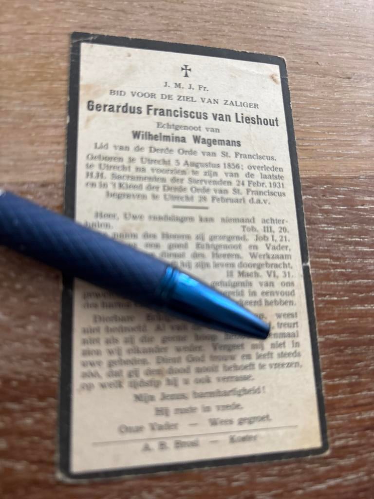 Lieshout van Gerardus 1856 Utrecht 1931 x Wegemans - E00328, Ophalen of Verzenden, Bidprentje