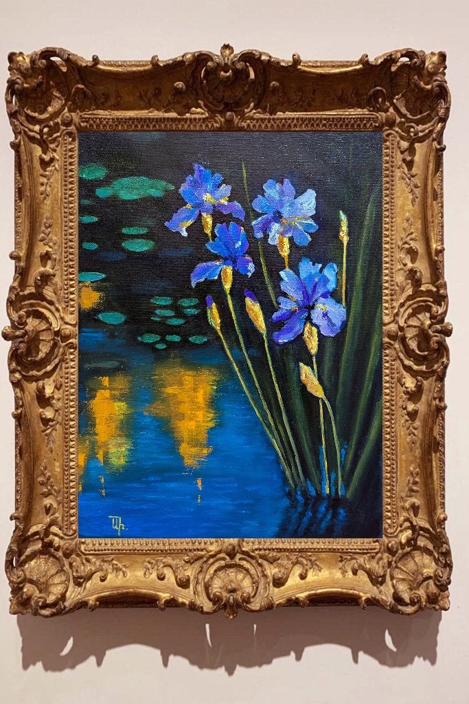 "Irissen" Schilderij, Handgeschilderd, Verzenden, Olieverf, Bloemen