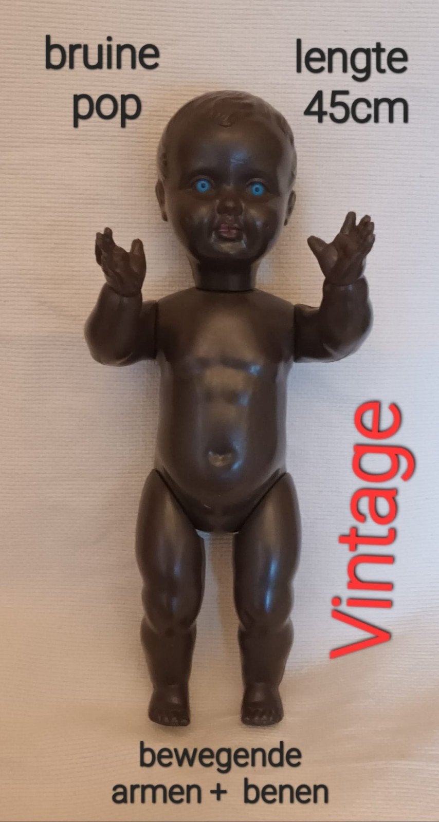 Vintage Bruine Babypop met Blauwe Ogen - 45cm, Verzenden, Gebruikt, Babypop