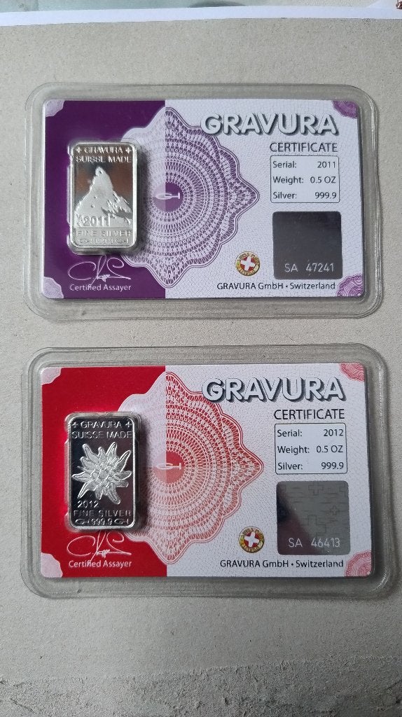 2 1/2 oz Zilver baren Gravura 2011 en 2012 met certificaatnr, Postzegels en Munten, Edelmetalen en Baren, Ophalen of Verzenden