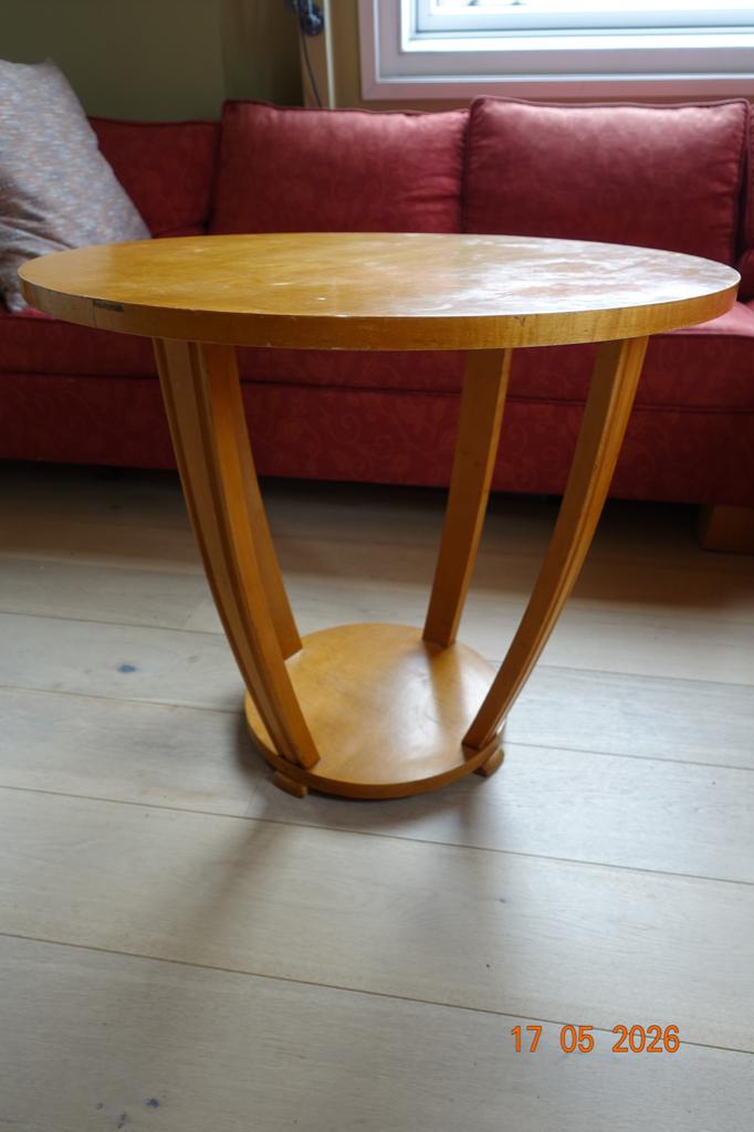 Rond houten Art Deco bijzettafel Ø 70 x 60 cm. hoog, Ophalen, Minder dan 55 cm, Gebruikt, Rond