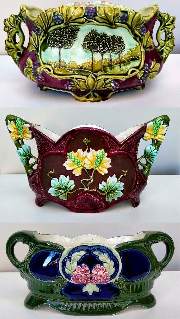 3x Antieke Majolica Jardinière Bloempot - Zie Omschrijving, Antiek en Kunst, Ophalen of Verzenden