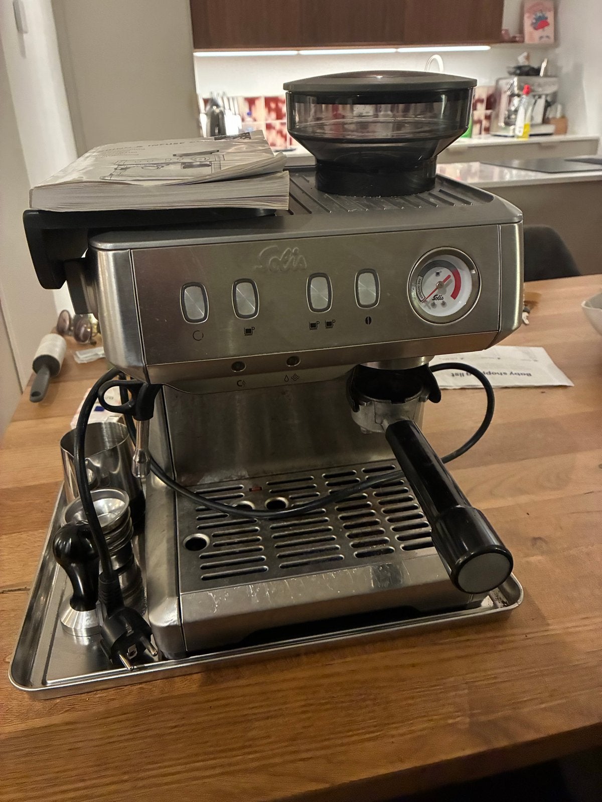 Solis Grind & Infuse Compact met veel accessoires, Stoompijpje, Gebruikt, Espresso apparaat, Gemalen koffie
