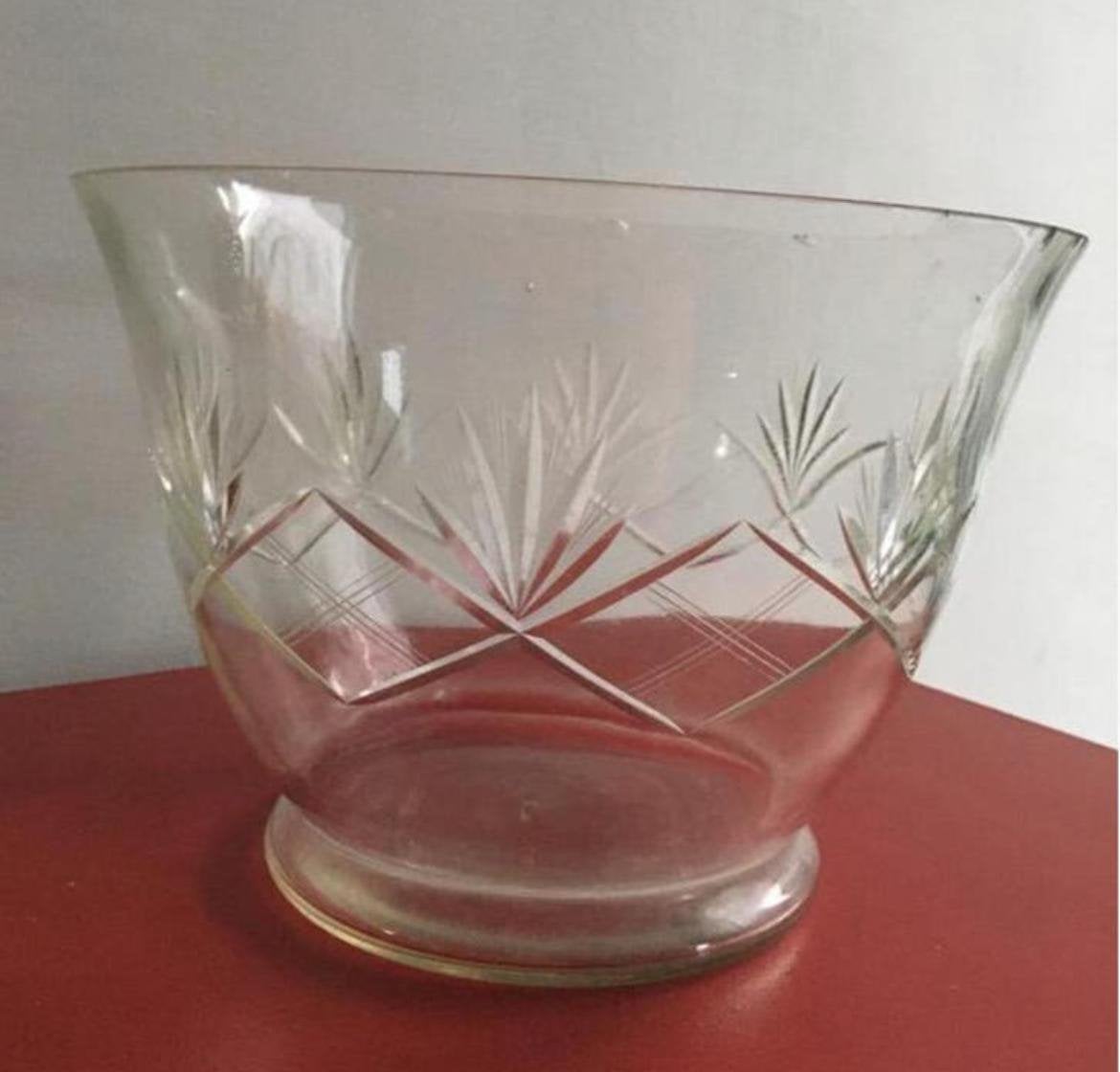 Vintage glazen schaal met geslepen patroon diverse schalen, Ophalen, Glas, Overige stijlen, Schaal of Schalen
