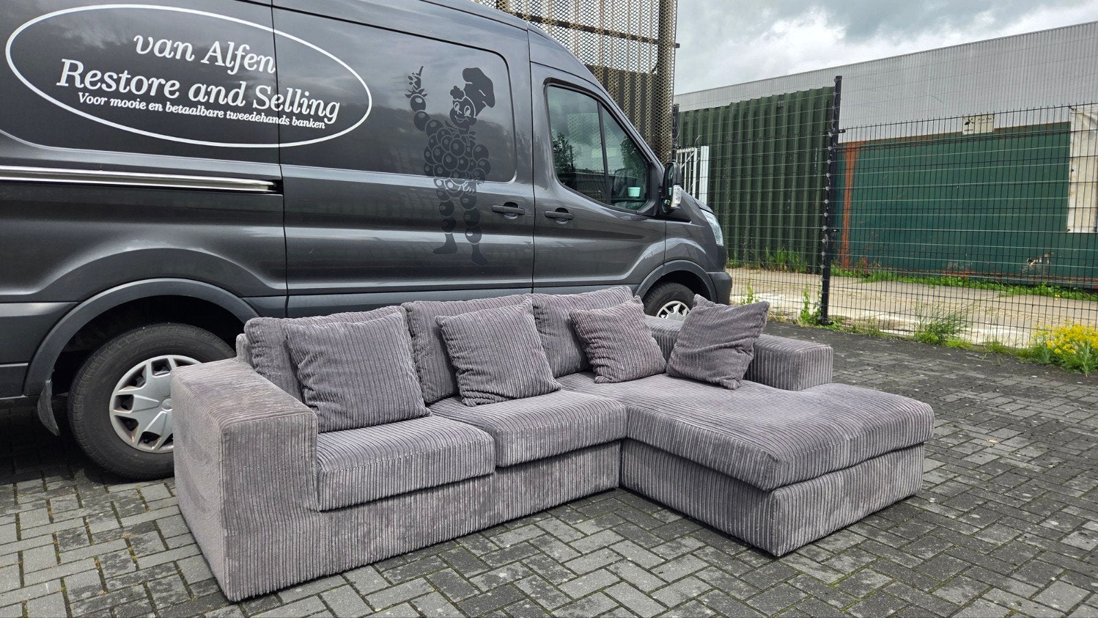 Super Gave Ribstof Loungebank (Grijs), Ophalen, 250 tot 300 cm, Zo goed als nieuw, Stof
