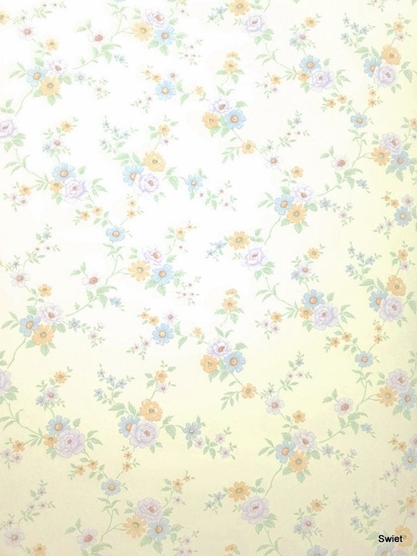 12655 Pastel bloemen behang op wit met lila en blauw swiet, Ophalen of Verzenden, Groen