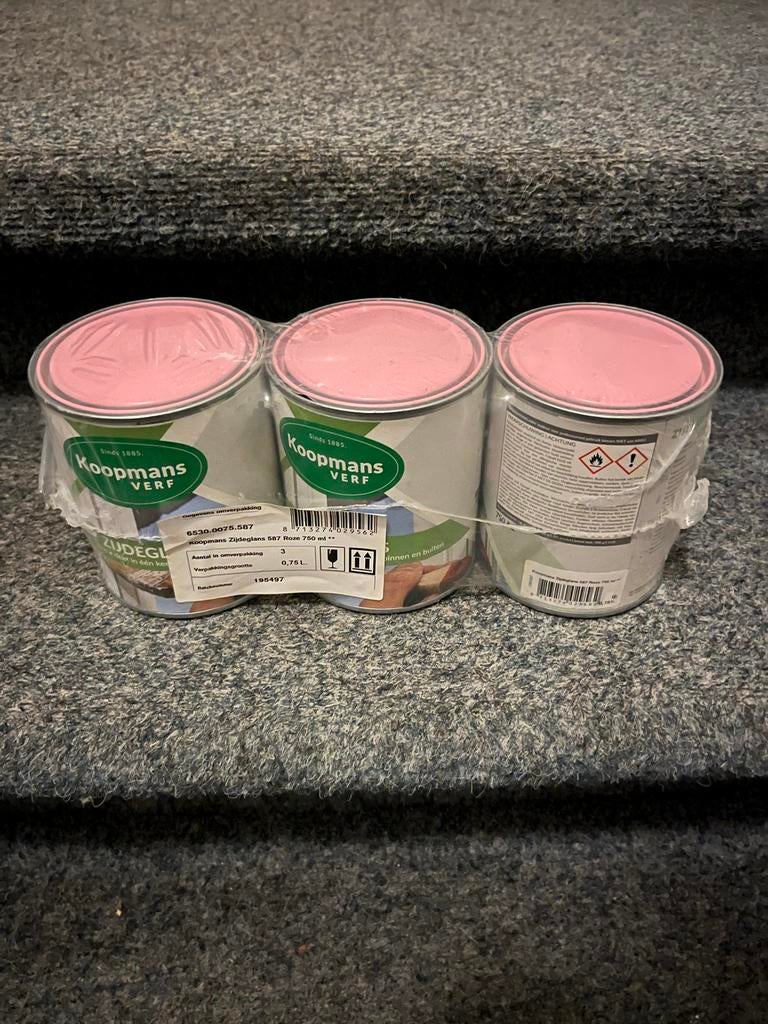 Koopmans Zijdeglans 587 Roze Verf 3x 0.75L - baby roze, Doe-het-zelf en Verbouw, Verf, Beits en Lak, Nieuw, Ophalen of Verzenden