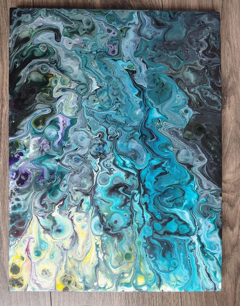 Handgemaakt abstract acryl schilderij - Blauw/Groen/Geel, Ophalen