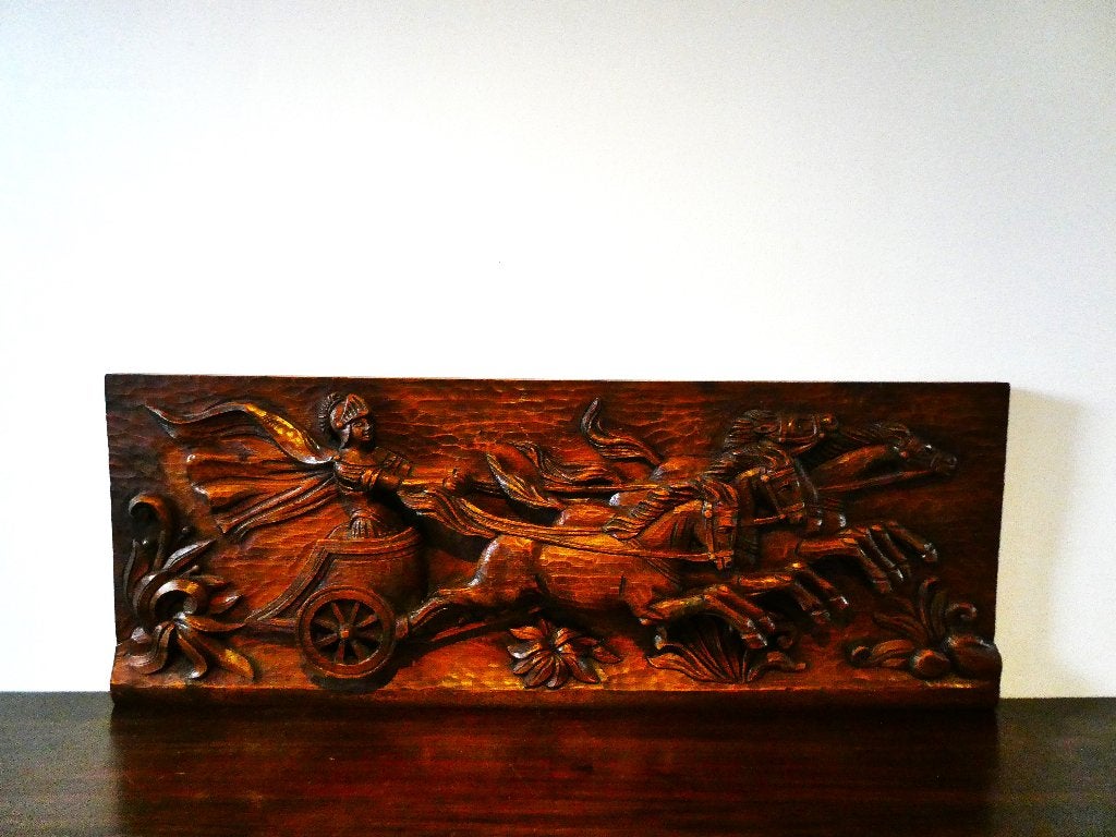Groot houten paneel Romeinse strijdwagen paarden ridder, Ophalen, Houtsnijwerk, Handgemaakt, 1 meter - 2 meter
