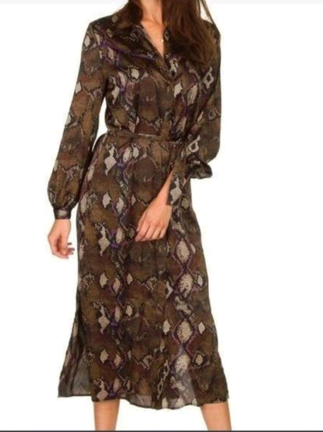 Nieuwe bruine snakeprint maxi jurk Dante 6 mt 4 (40), Bruin, Verzenden, Nieuw, Onder de knie