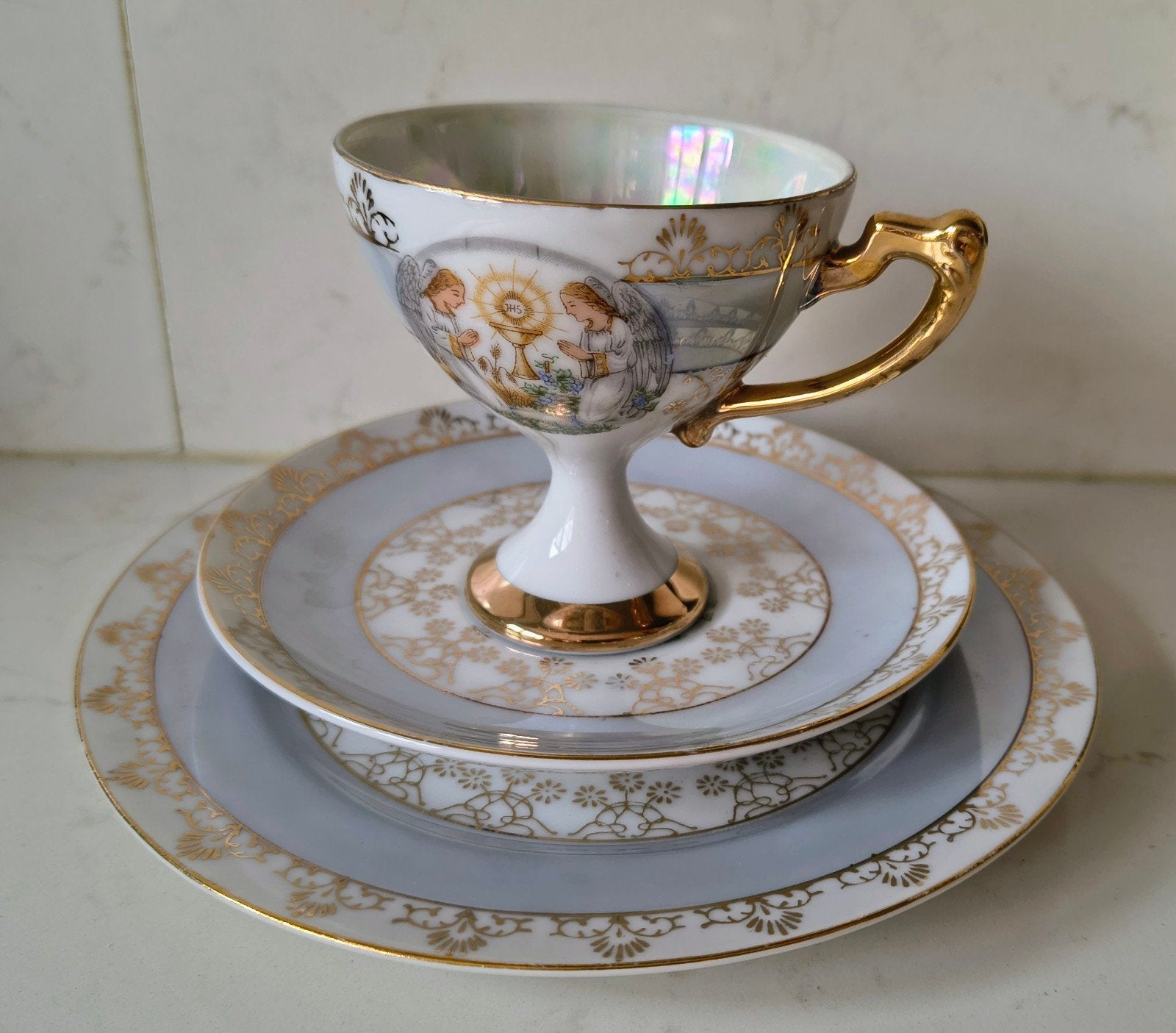 Vintage porseleinen servies met engelen en goud, Ophalen of Verzenden