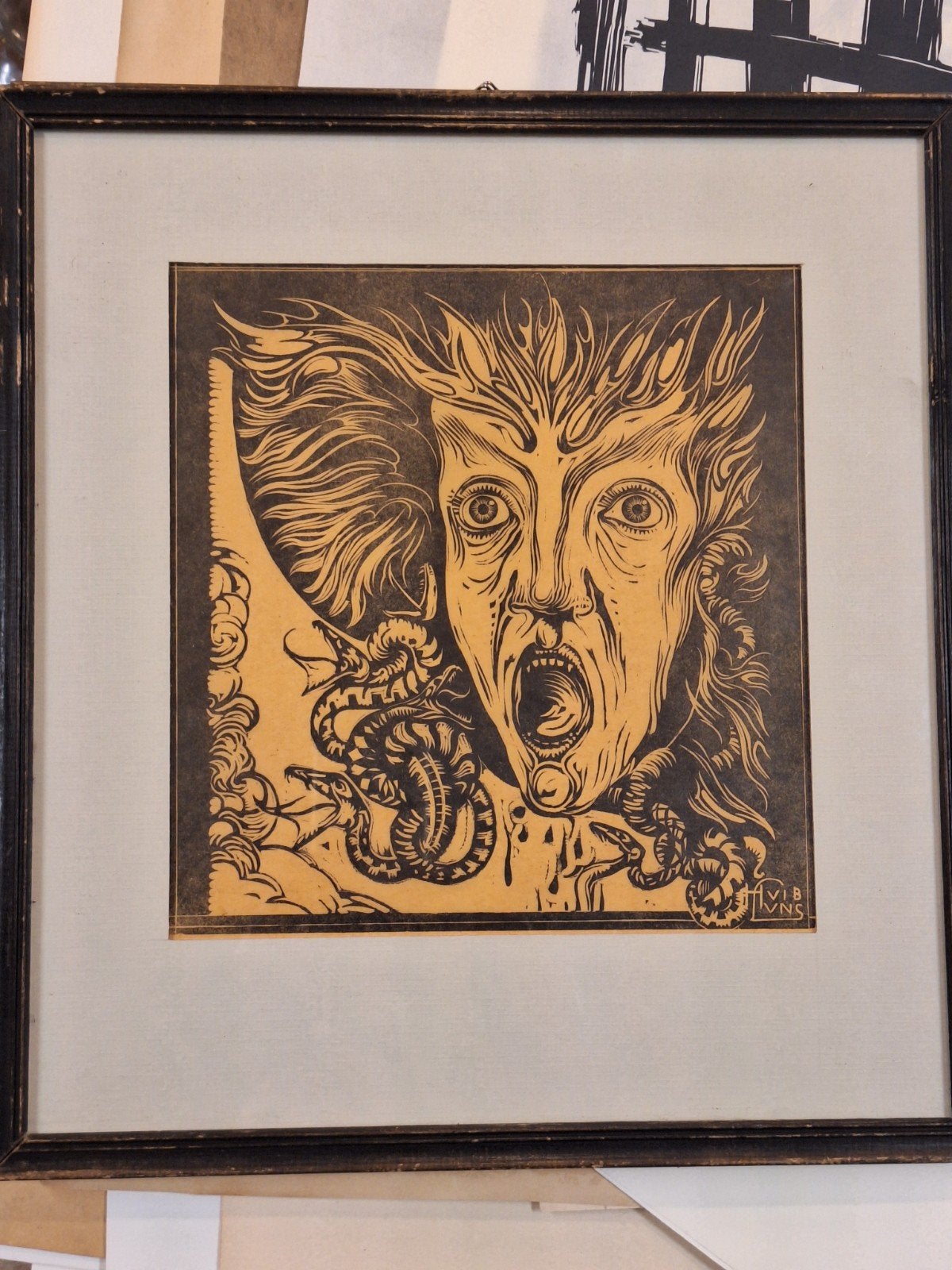 Huib Luns - Art Deco Houtsnede - Medusa, Gesigneerd, Portret, Ophalen of Verzenden, Houtsnede