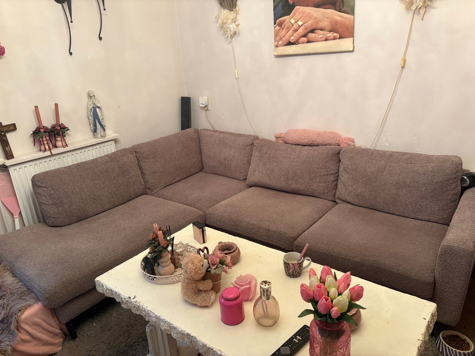 Teddy Hoekbank taupe/beige/bruinige kleur, Huis en Inrichting, Banken | Sofa's en Chaises Longues, 250 tot 300 cm, Gebruikt, 100 tot 125 cm