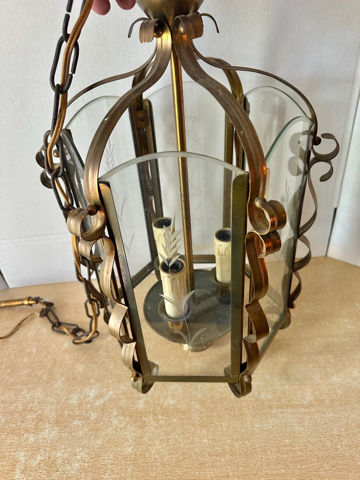 Grote messing hallamp met geslepen glas, Ophalen of Verzenden, Gebruikt, Glas, E14 (klein)