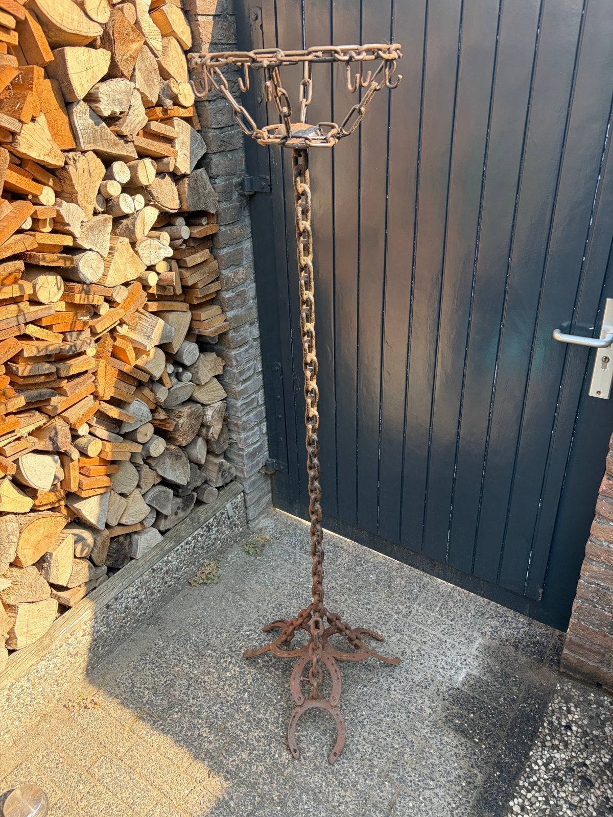 Antieke smeedijzeren ketting standaard met haken, Ophalen of Verzenden