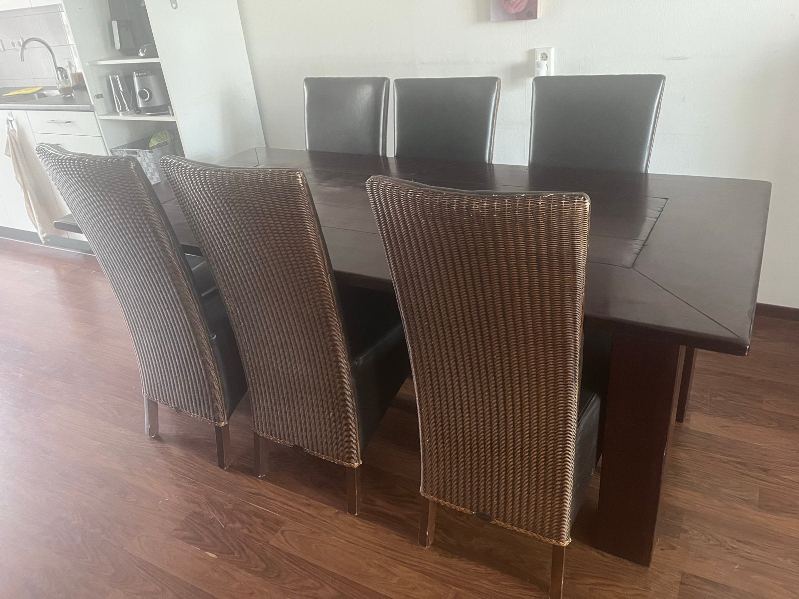 Eettafel met 6 stoelen, Ophalen, Gebruikt, 100 tot 150 cm, 200 cm of meer