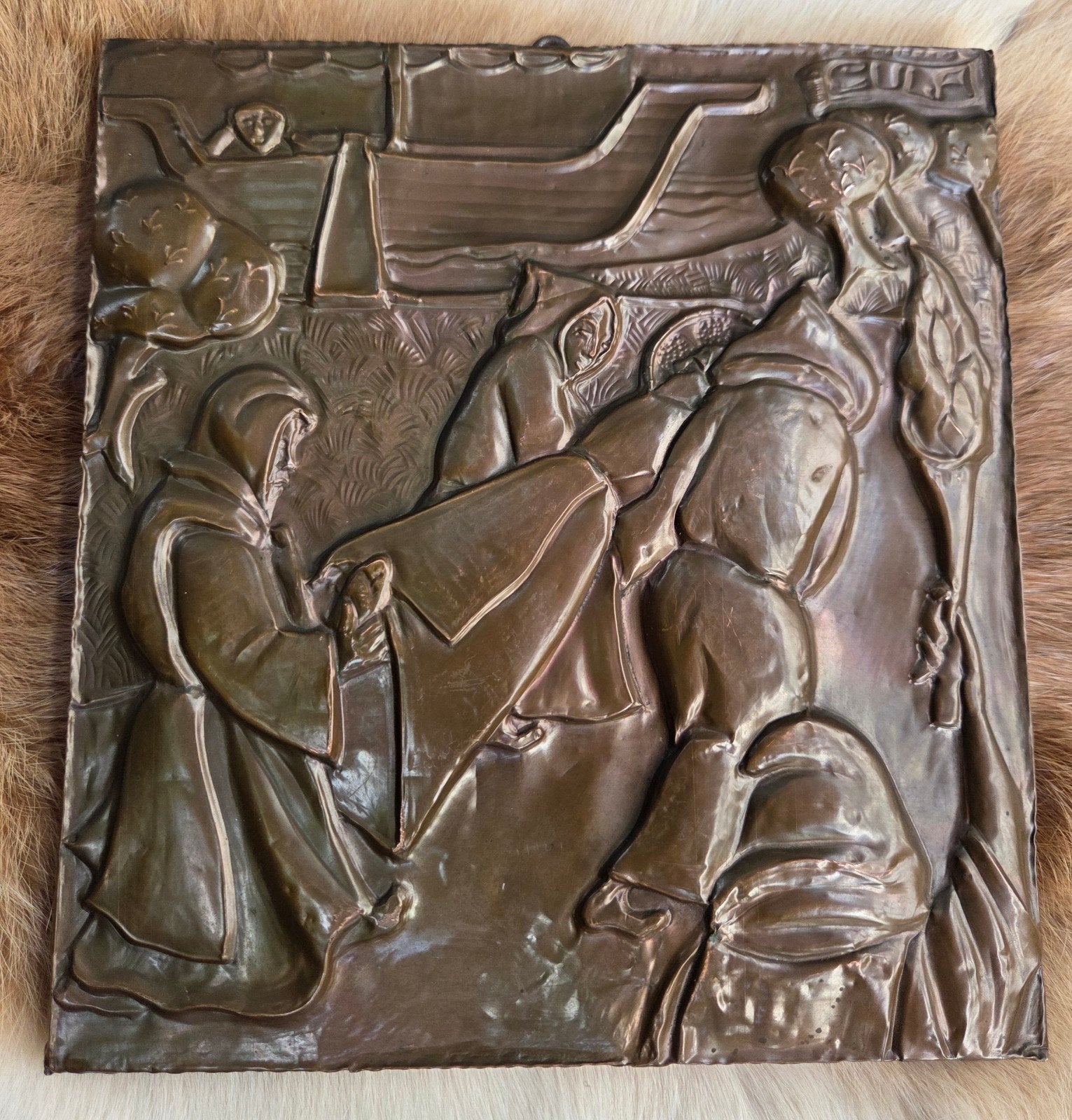 Antieke Koperen Reliëfplaat – De Hoofdzonde 'Gula', Antiek en Kunst, Ophalen, Koper