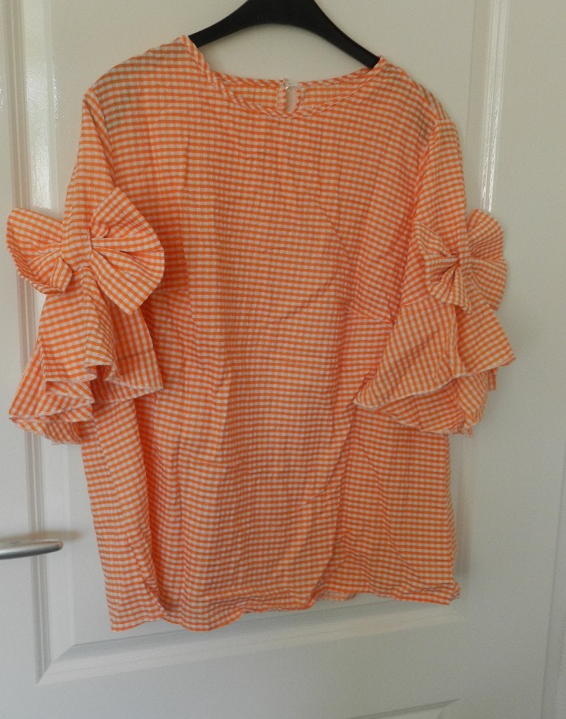 Nieuwe oranje/wit geblokte blouse met grote strik, Verzenden, Nieuw, Maat 46/48 (XL) of groter, Oranje