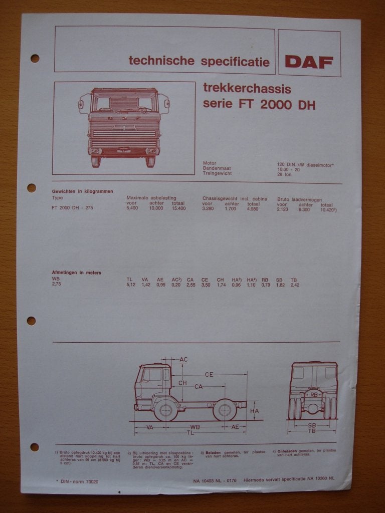 DAF FT 2000 DH Technische Specificatie folder 1976 – 4x2, Ophalen of Verzenden, Zo goed als nieuw, Overige merken, DAF