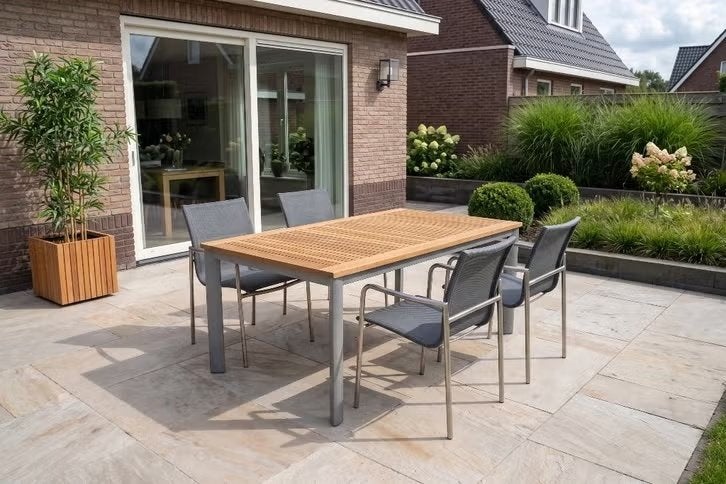 Outlet: Luxe 4 Seasons Outdoor Teaktafel + 4 Stoelen, Ophalen, Zo goed als nieuw, Rechthoekig, Hout
