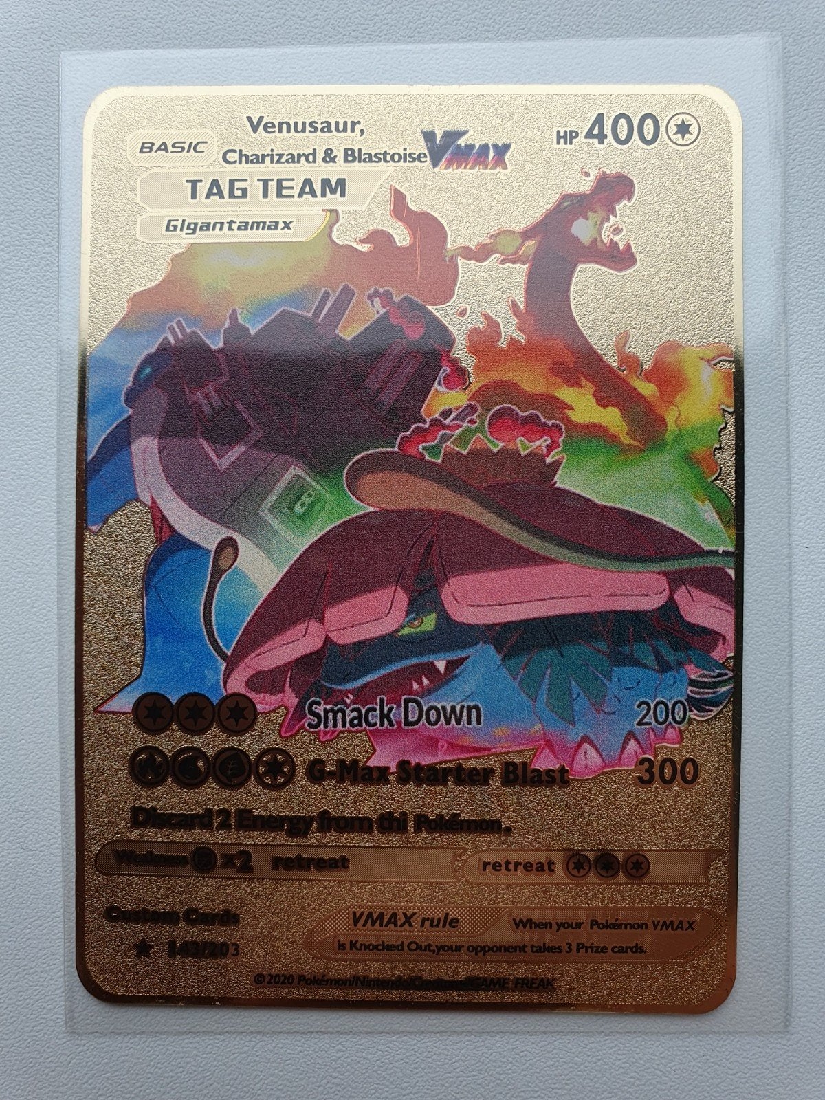 Charizard Blastoise Venusaur Metalen Pokemon kaart Goudkleur, Hobby en Vrije tijd, Ophalen of Verzenden