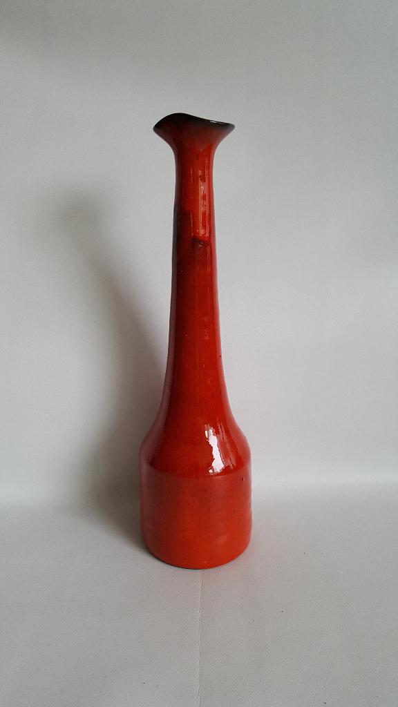 Hoge slanke retro vaas oranje rood gemêleerd aparte hals, Ophalen, Zo goed als nieuw, Rood
