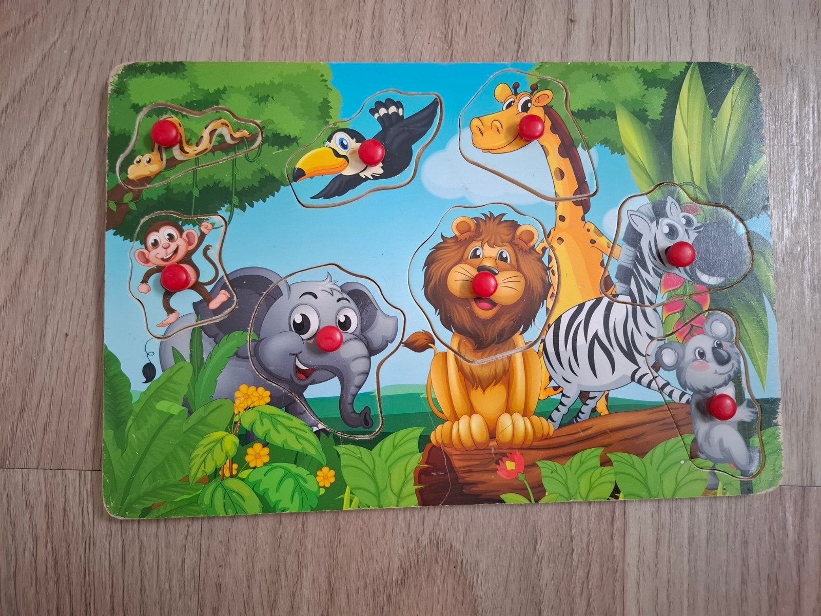 Houten noppenpuzzel met jungle dieren (30x20 cm), Gebruikt, Ophalen of Verzenden, Van hout, Minder dan 10 stukjes