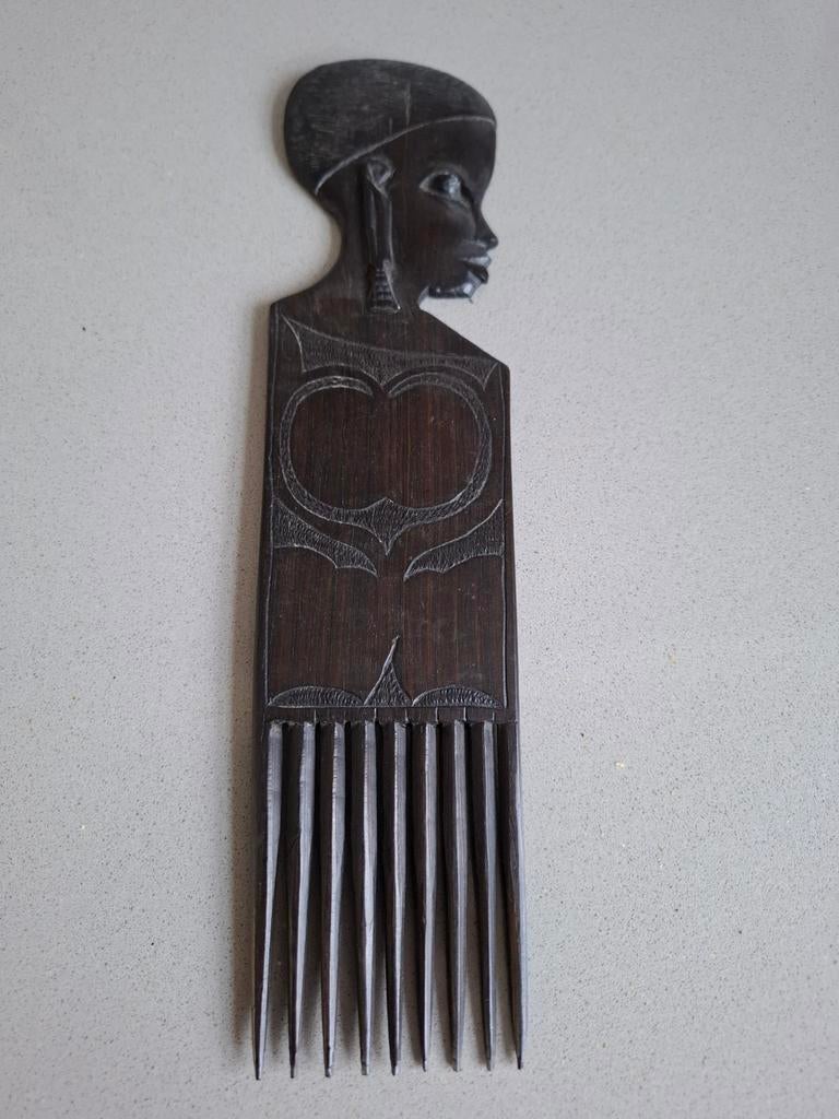 Vintage Afrikaanse Houten Haar Kam met Figuur, Antiek en Kunst, Ophalen of Verzenden